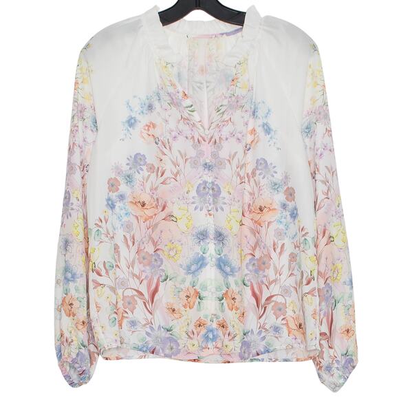 Top Floral Sheer Cottage Romantic Boho Feminine Prairie Button Up White Medium - Picture 1 of 6